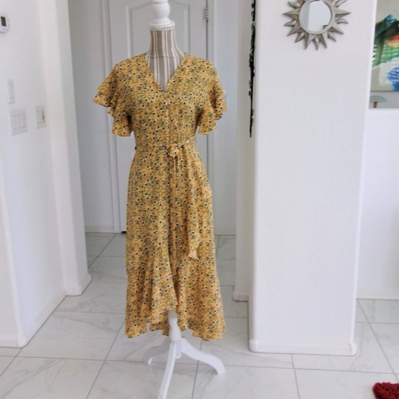 Max Studio Dresses & Skirts - Max Studio Calico Flowy Ruffle Short Sleeve Wrap Midi Dress S Golden Yellow Blue